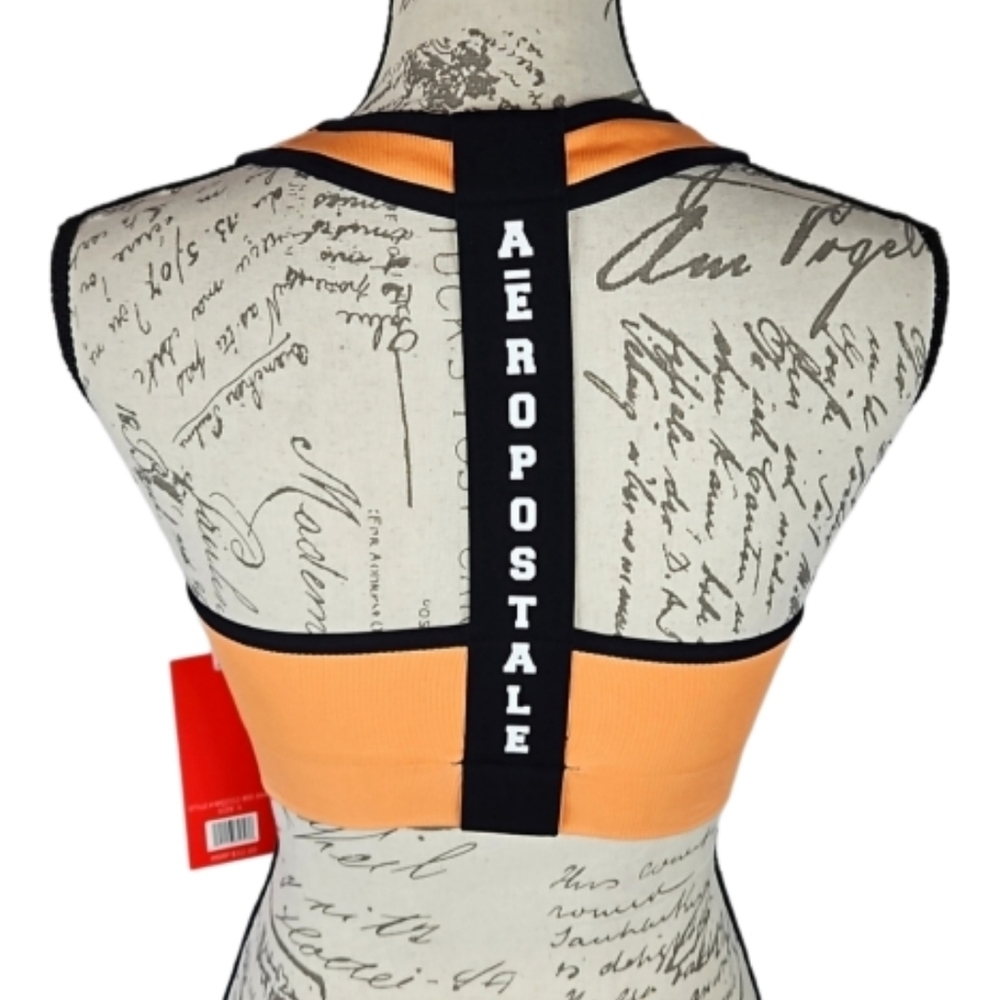 Aeropostale Ribbed Racerback Lightly Padded Sports Bra, Sana Orange, S - Picture 2 of 4